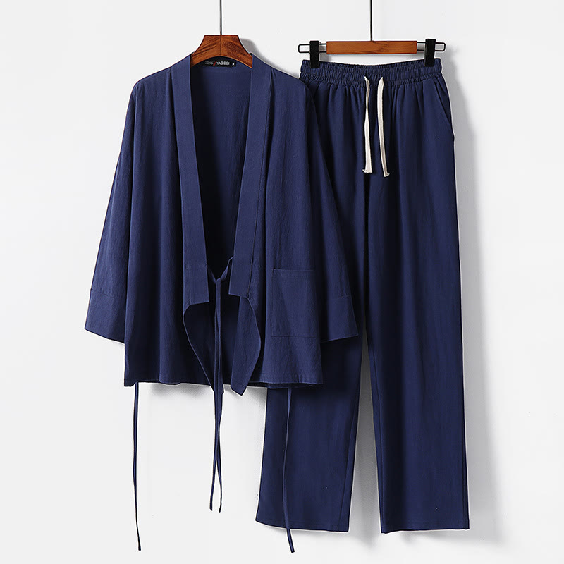 Set di 2 pezzi con pantaloni kimono in cotone e lino con lacci e tasche, ideale per la meditazione maschile, con motivo Buddha Stones. - SteelBlue - US/UK/AU54, EU64 (9XL) - image 11