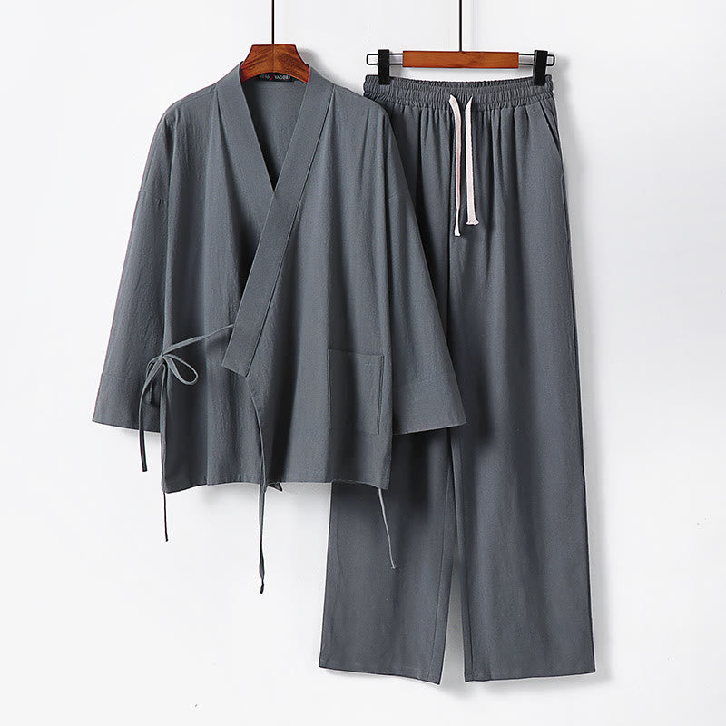 Set di 2 pezzi con pantaloni kimono in cotone e lino con lacci e tasche, ideale per la meditazione maschile, con motivo Buddha Stones. - Grigio - US/UK/AU54, EU64 (9XL) - image 0