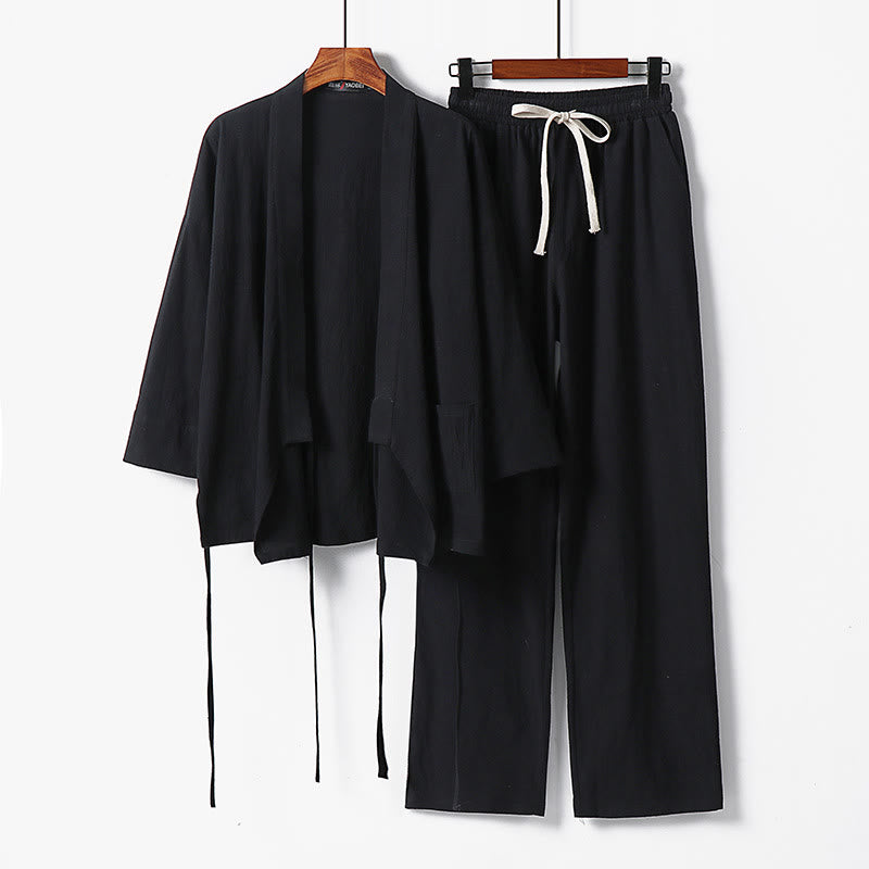 Set di 2 pezzi con pantaloni kimono in cotone e lino con lacci e tasche, ideale per la meditazione maschile, con motivo Buddha Stones. - Nero - US/UK/AU54, EU64 (9XL) - image 6