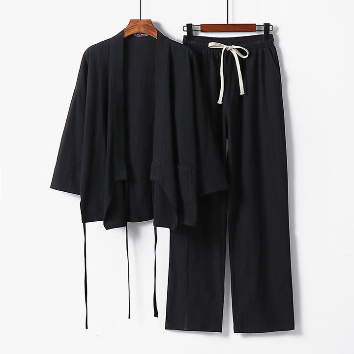 Set di 2 pezzi con pantaloni kimono in cotone e lino con lacci e tasche, ideale per la meditazione maschile, con motivo Buddha Stones. - Nero - US/UK/AU54, EU64 (9XL) - image 6