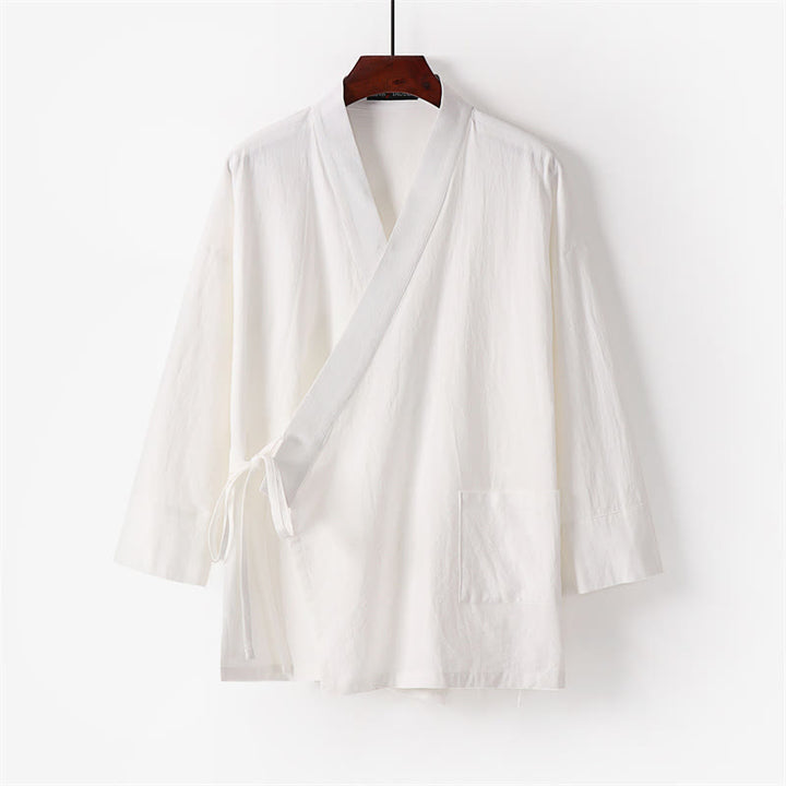 Set di 2 pezzi con pantaloni kimono in cotone e lino con lacci e tasche, ideale per la meditazione maschile, con motivo Buddha Stones. - image 2