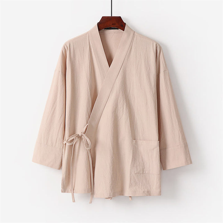 Set di 2 pezzi con pantaloni kimono in cotone e lino con lacci e tasche, ideale per la meditazione maschile, con motivo Buddha Stones. - image 10