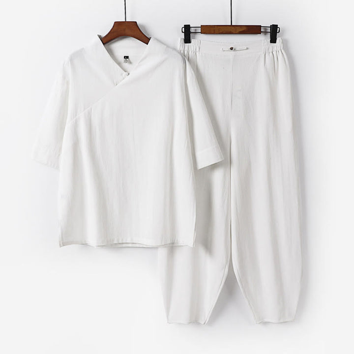 Set di 2 pezzi Buddha Stones, camicia a maniche corte in cotone con scollo a V e pantaloni con tasche, in tessuto per meditazione da uomo - Bianco - US/UK/AU56，EU66 (9XL) - image 5