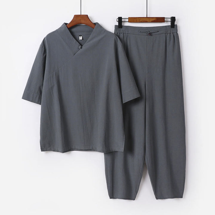 Set di 2 pezzi Buddha Stones, camicia a maniche corte in cotone con scollo a V e pantaloni con tasche, in tessuto per meditazione da uomo - Grigio - US/UK/AU56，EU66 (9XL) - image 8