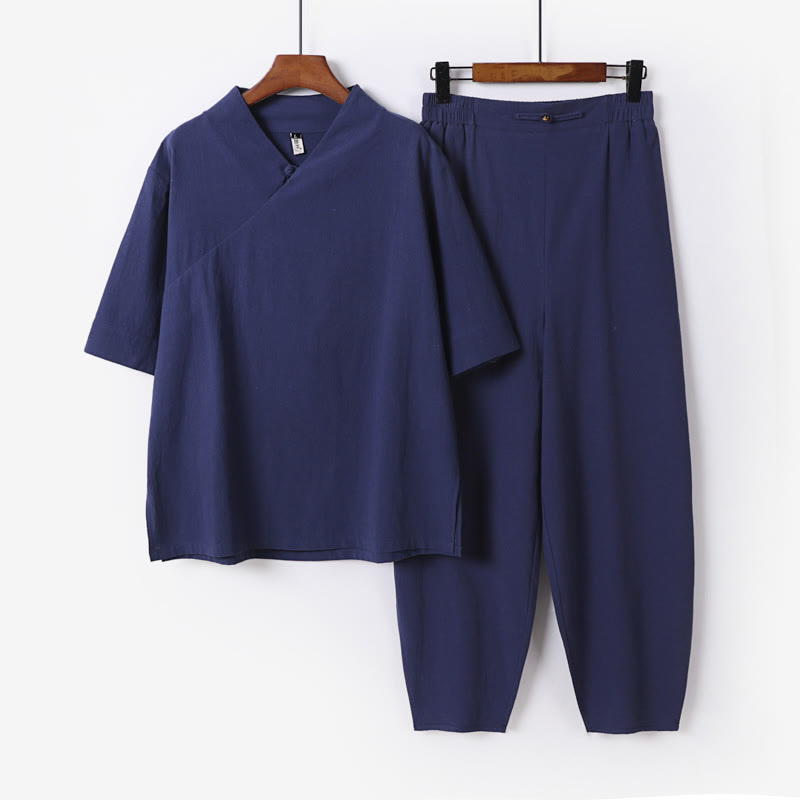 Set di 2 pezzi Buddha Stones, camicia a maniche corte in cotone con scollo a V e pantaloni con tasche, in tessuto per meditazione da uomo - SteelBlue - US/UK/AU56，EU66 (9XL) - image 1