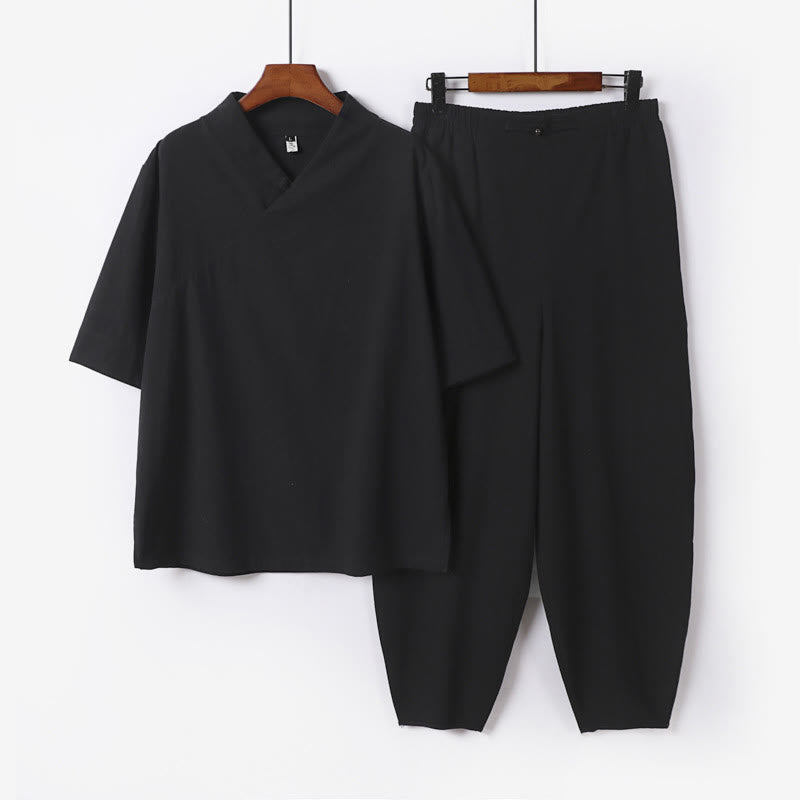 Set di 2 pezzi Buddha Stones, camicia a maniche corte in cotone con scollo a V e pantaloni con tasche, in tessuto per meditazione da uomo - Nero - US/UK/AU56，EU66 (9XL) - image 17