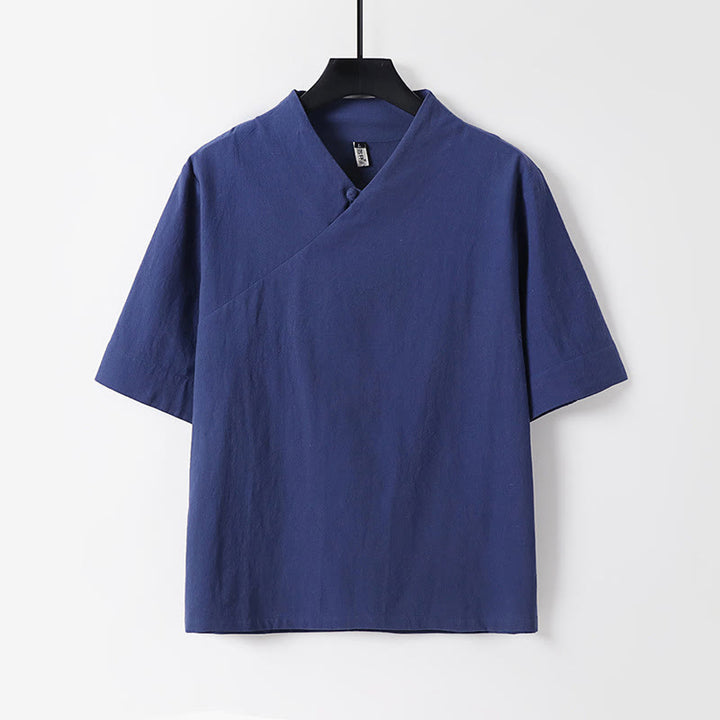 Set di 2 pezzi Buddha Stones, camicia a maniche corte in cotone con scollo a V e pantaloni con tasche, in tessuto per meditazione da uomo - image 1