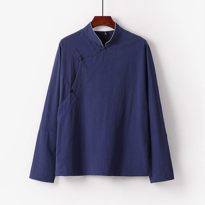 Buddha Stones Camicia da uomo in cotone a maniche lunghe con bottoni cinesi vintage e motivo a rana - SteelBlue - US/UK/AU50, EU60 (7XL) - image 0