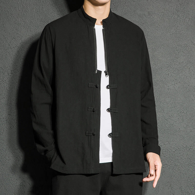 Camicia da uomo a maniche lunghe in cotone con cerniera semplice, bottoni cinesi e rana, motivo Buddha Stones - image 2