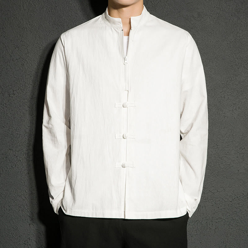 Camicia da uomo a maniche lunghe in cotone con cerniera semplice, bottoni cinesi e rana, motivo Buddha Stones - Bianco - US/UK/AU46, EU56 (5XL) - image 9