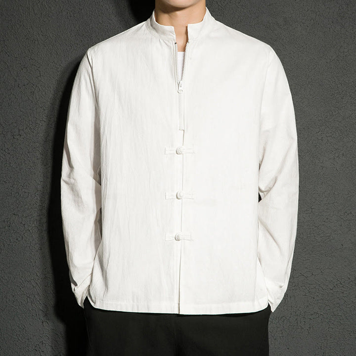 Camicia da uomo a maniche lunghe in cotone con cerniera semplice, bottoni cinesi e rana, motivo Buddha Stones - Bianco - US/UK/AU46, EU56 (5XL) - image 9