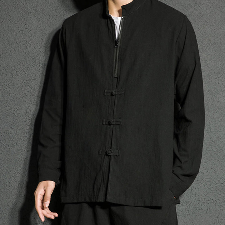 Camicia da uomo a maniche lunghe in cotone con cerniera semplice, bottoni cinesi e rana, motivo Buddha Stones - image 8