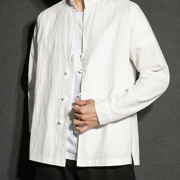 Camicia da uomo a maniche lunghe in cotone con cerniera semplice, bottoni cinesi e rana, motivo Buddha Stones - image 15