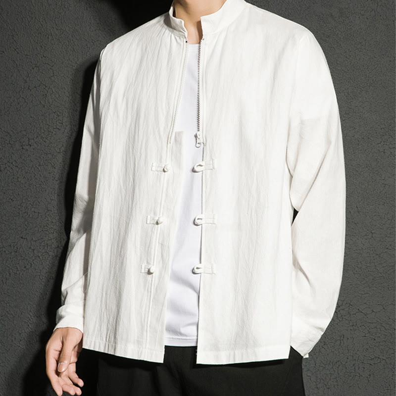 Camicia da uomo a maniche lunghe in cotone con cerniera semplice, bottoni cinesi e rana, motivo Buddha Stones - image 16