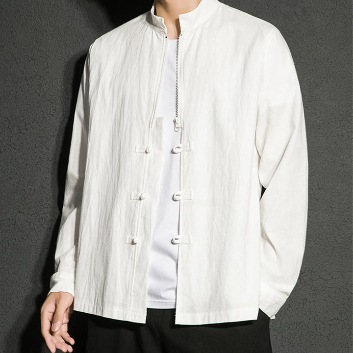 Camicia da uomo a maniche lunghe in cotone con cerniera semplice, bottoni cinesi e rana, motivo Buddha Stones - image 16