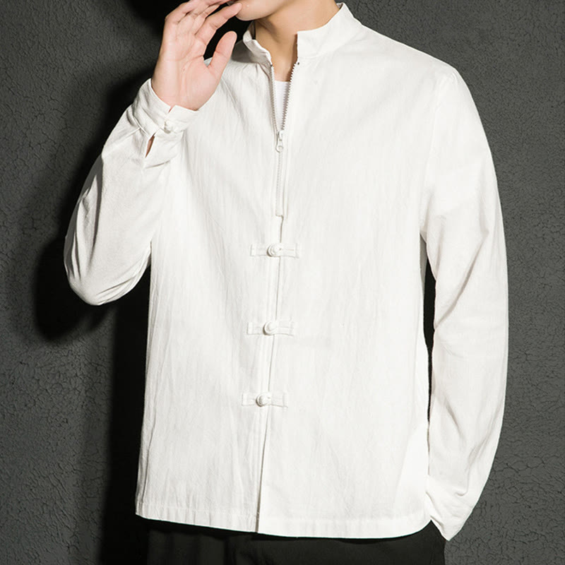 Camicia da uomo a maniche lunghe in cotone con cerniera semplice, bottoni cinesi e rana, motivo Buddha Stones - image 10