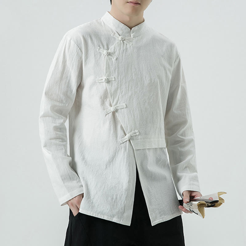 Buddha Stones Camicia da uomo a maniche lunghe in cotone con bottoni a rana cinesi d'epoca - Bianco - US/UK/AU46, EU56 (5XL) - image 0