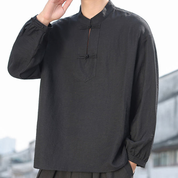 Buddha Stones in cotone a maniche lunghe con colletto rialzato e due bottoni a forma di rana Buddha Stones - Nero - US/UK/AU48, EU58 (5XL) - image 0