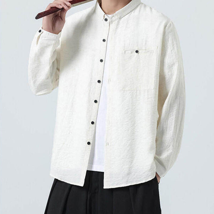 Camicia da uomo in cotone a maniche lunghe con colletto rialzato, stile vintage, motivo Buddha Stones - image 4