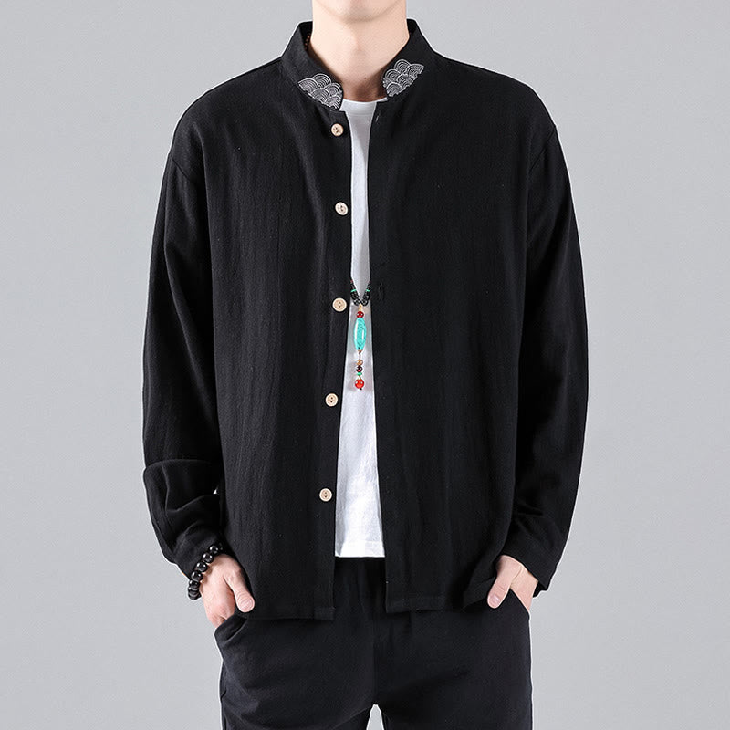 Camicia da uomo in cotone a maniche lunghe con colletto rialzato, bottoni , Buddha Stones ricamate e nuvole di buon auspicio - image 2