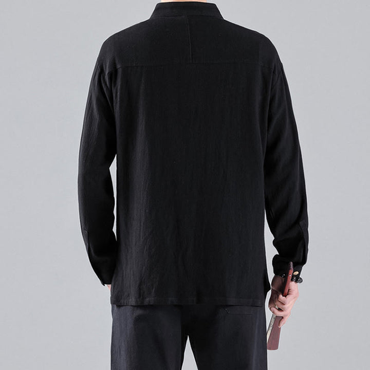 Camicia da uomo in cotone a maniche lunghe con colletto rialzato, bottoni , Buddha Stones ricamate e nuvole di buon auspicio - image 3