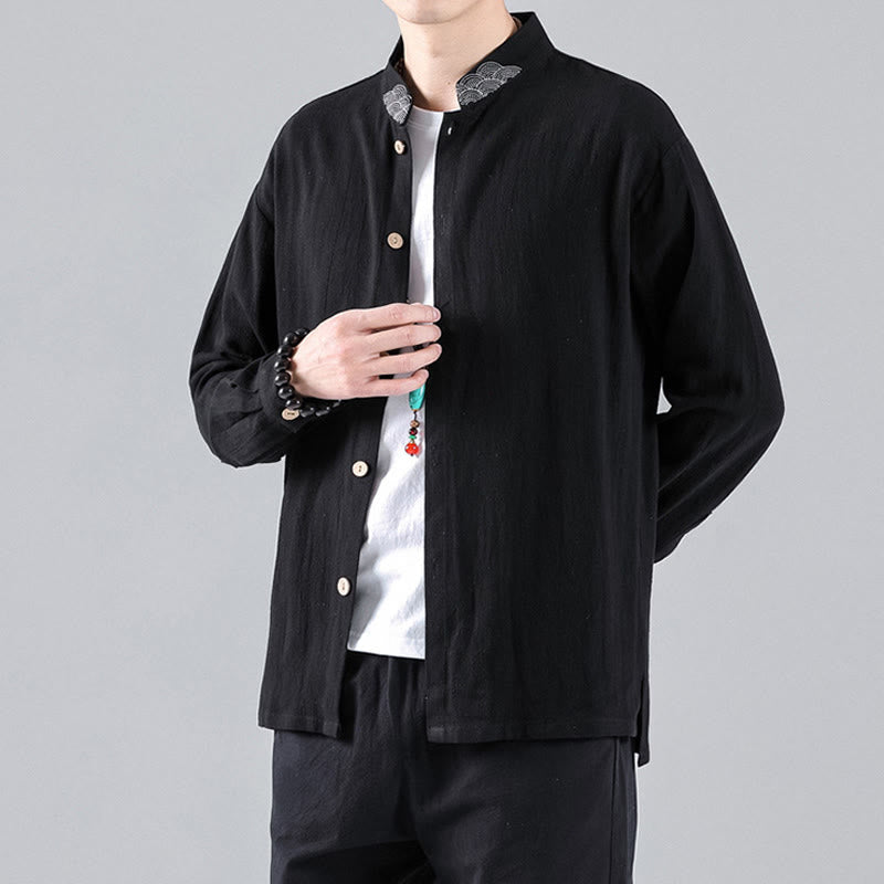 Camicia da uomo in cotone a maniche lunghe con colletto rialzato, bottoni , Buddha Stones ricamate e nuvole di buon auspicio - Nero - US/UK/AU46, EU56 (5XL) - image 1