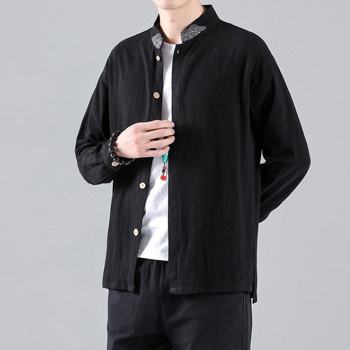 Camicia da uomo in cotone a maniche lunghe con colletto rialzato, bottoni , Buddha Stones ricamate e nuvole di buon auspicio - Nero - US/UK/AU46, EU56 (5XL) - image 1