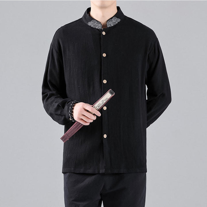 Camicia da uomo in cotone a maniche lunghe con colletto rialzato, bottoni , Buddha Stones ricamate e nuvole di buon auspicio - image 4