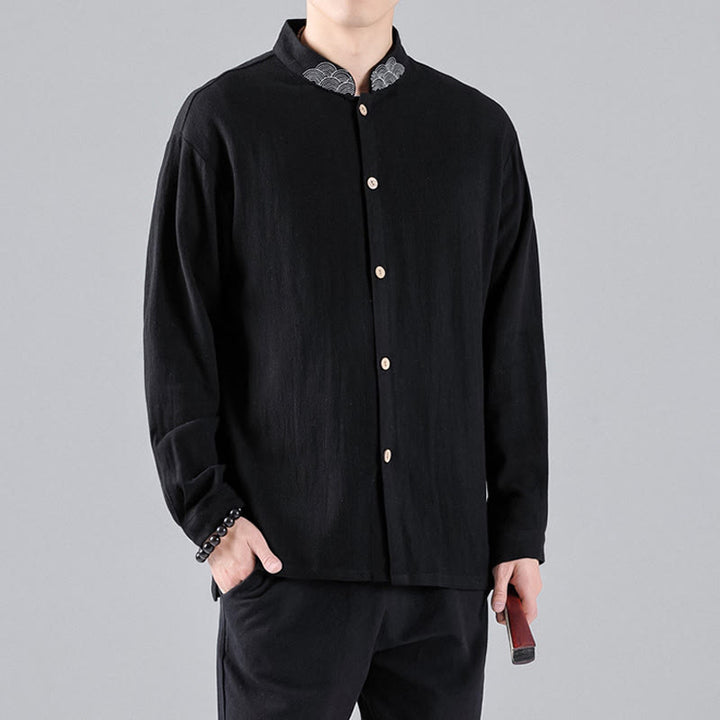 Camicia da uomo in cotone a maniche lunghe con colletto rialzato, bottoni , Buddha Stones ricamate e nuvole di buon auspicio - image 6