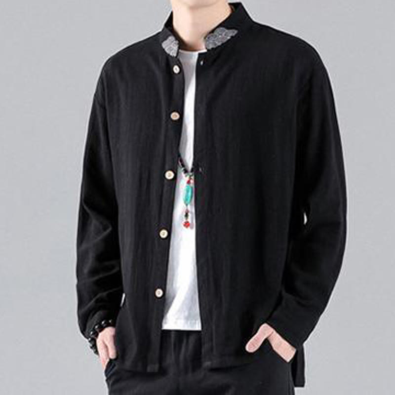 Camicia da uomo in cotone a maniche lunghe con colletto rialzato, bottoni , Buddha Stones ricamate e nuvole di buon auspicio - image 5