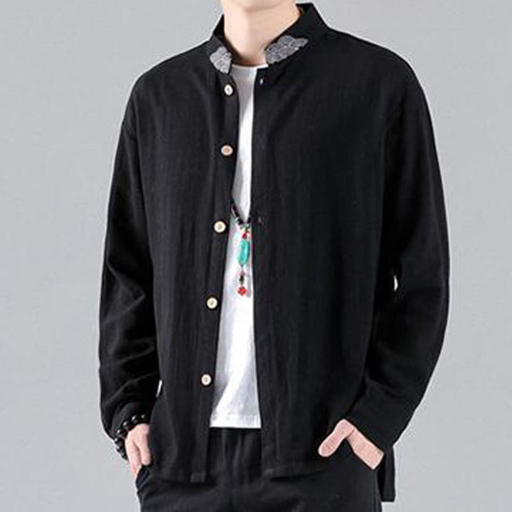 Camicia da uomo in cotone a maniche lunghe con colletto rialzato, bottoni , Buddha Stones ricamate e nuvole di buon auspicio - image 5