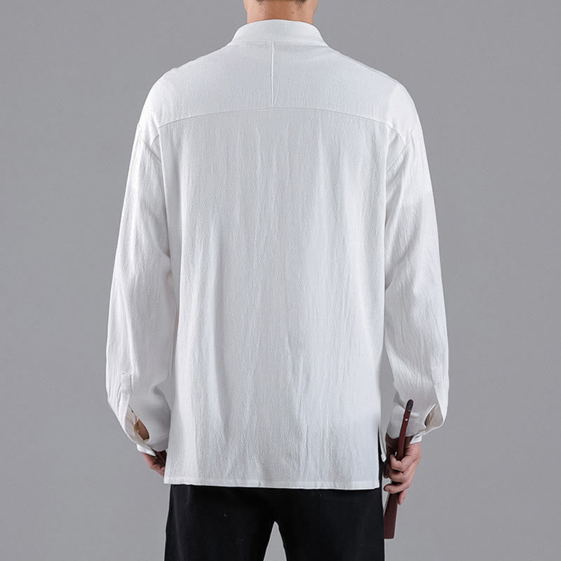 Camicia da uomo in cotone a maniche lunghe con colletto rialzato, bottoni , Buddha Stones ricamate e nuvole di buon auspicio - image 9