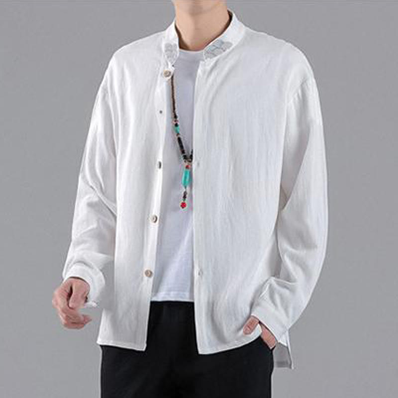 Camicia da uomo in cotone a maniche lunghe con colletto rialzato, bottoni , Buddha Stones ricamate e nuvole di buon auspicio - image 10