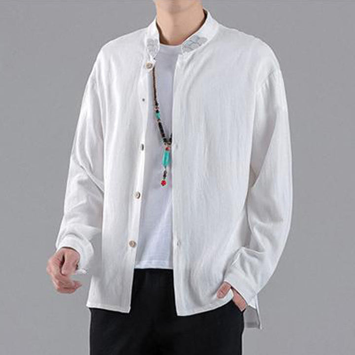 Camicia da uomo in cotone a maniche lunghe con colletto rialzato, bottoni , Buddha Stones ricamate e nuvole di buon auspicio - image 10