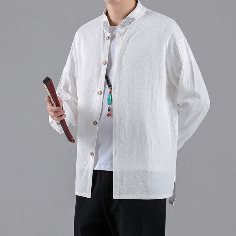 Camicia da uomo in cotone a maniche lunghe con colletto rialzato, bottoni , Buddha Stones ricamate e nuvole di buon auspicio - image 14