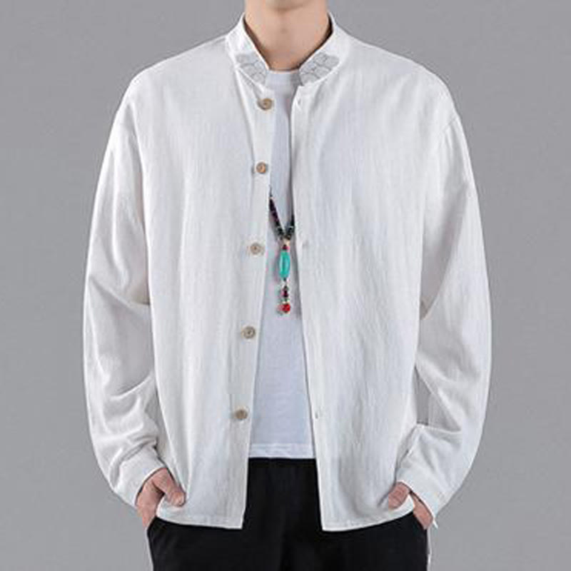 Camicia da uomo in cotone a maniche lunghe con colletto rialzato, bottoni , Buddha Stones ricamate e nuvole di buon auspicio - Bianco - US/UK/AU46, EU56 (5XL) - image 7
