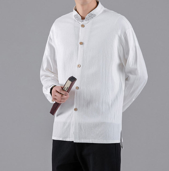 Camicia da uomo in cotone a maniche lunghe con colletto rialzato, bottoni , Buddha Stones ricamate e nuvole di buon auspicio - image 11