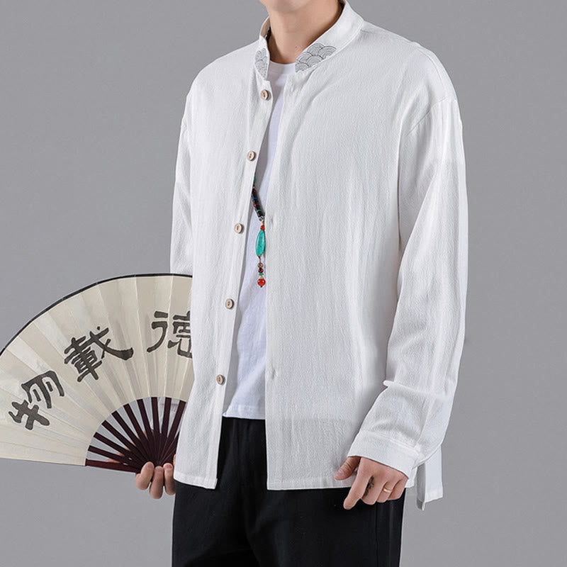 Camicia da uomo in cotone a maniche lunghe con colletto rialzato, bottoni , Buddha Stones ricamate e nuvole di buon auspicio - image 12