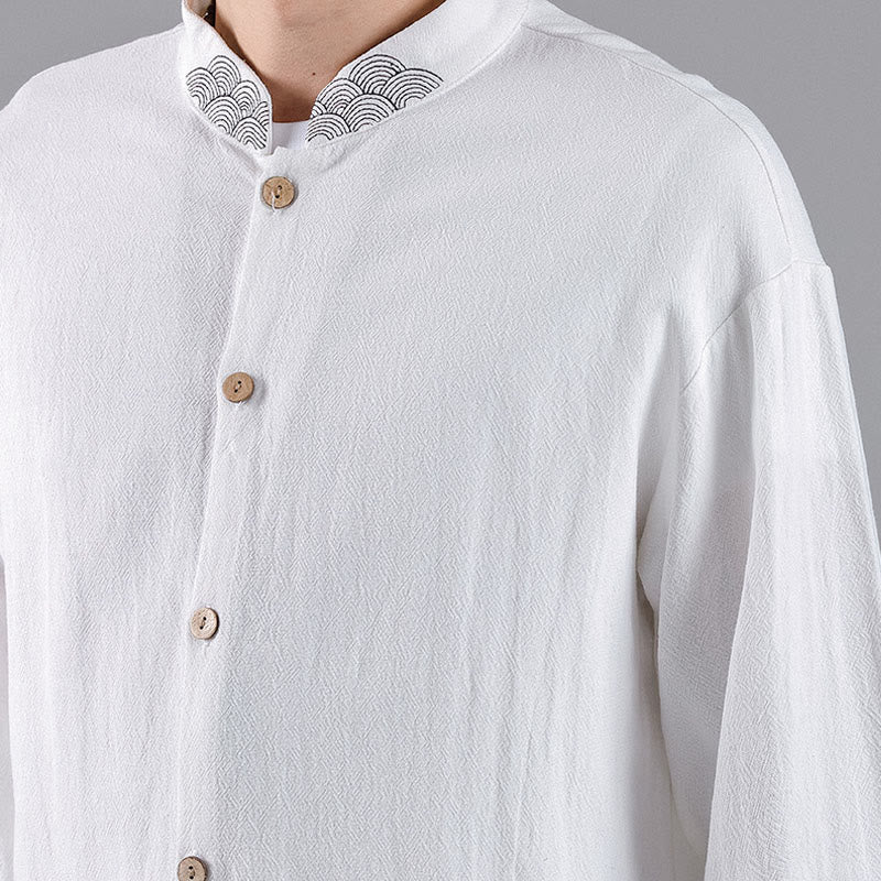 Camicia da uomo in cotone a maniche lunghe con colletto rialzato, bottoni , Buddha Stones ricamate e nuvole di buon auspicio - image 16