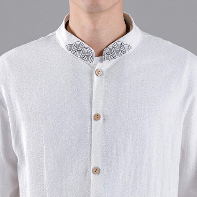 Camicia da uomo in cotone a maniche lunghe con colletto rialzato, bottoni , Buddha Stones ricamate e nuvole di buon auspicio - image 15