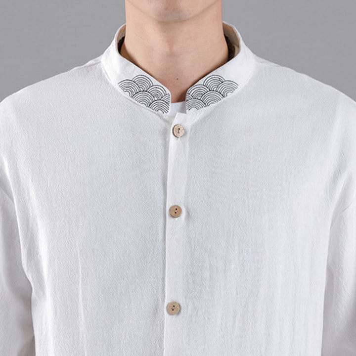 Camicia da uomo in cotone a maniche lunghe con colletto rialzato, bottoni , Buddha Stones ricamate e nuvole di buon auspicio - image 15