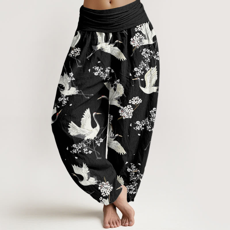 Pantaloni harem da donna con elastico in vita, modello casual ed elegante con motivo a gru e fiori, motivo Buddha Stones - Nero - US22, UK/AU26, EU54 (6XL) - image 1