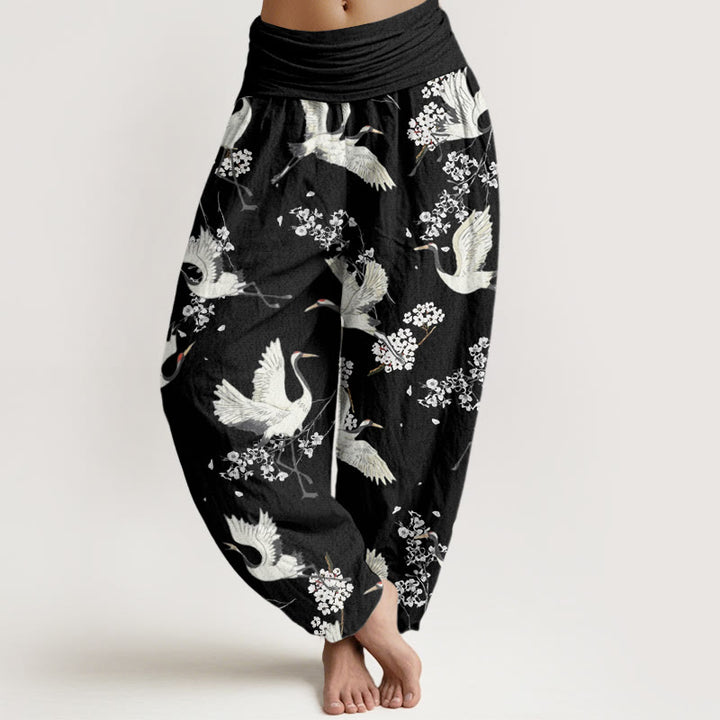 Pantaloni harem da donna con elastico in vita, modello casual ed elegante con motivo a gru e fiori, motivo Buddha Stones - Nero - US22, UK/AU26, EU54 (6XL) - image 1