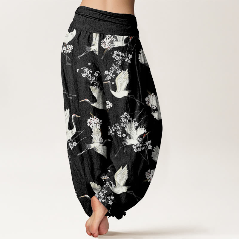 Pantaloni harem da donna con elastico in vita, in cotone, casual ed eleganti, con motivo a gru e fiori, modello Buddha Stones - image 2