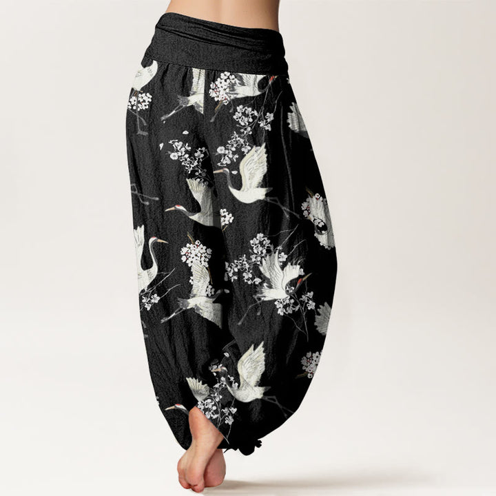 Pantaloni harem da donna con elastico in vita, in cotone, casual ed eleganti, con motivo a gru e fiori, modello Buddha Stones - image 2