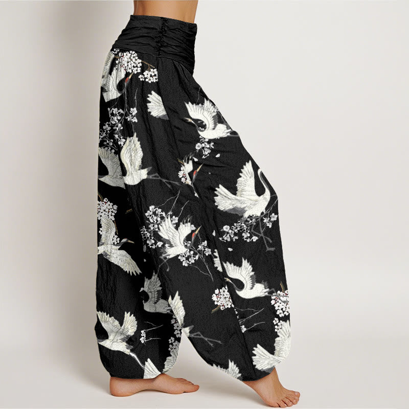Pantaloni harem da donna con elastico in vita, modello casual ed elegante con motivo a gru e fiori, motivo Buddha Stones - image 1