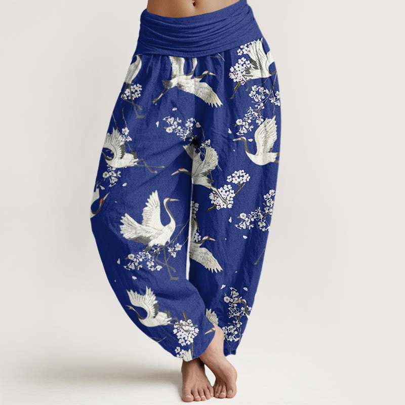 Pantaloni harem da donna con elastico in vita, modello casual ed elegante con motivo a gru e fiori, motivo Buddha Stones - Blu medio - US22, UK/AU26, EU54 (6XL) - image 5