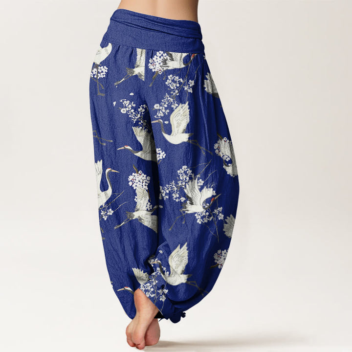 Pantaloni harem da donna con elastico in vita, modello casual ed elegante con motivo a gru e fiori, motivo Buddha Stones - image 6