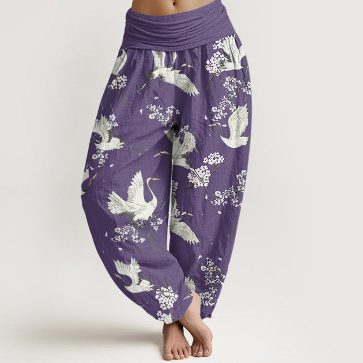 Pantaloni harem da donna con elastico in vita, in cotone, casual ed eleganti, con motivo a gru e fiori, modello Buddha Stones - Viola medio - US22, UK/AU26, EU54 (6XL) - image 7