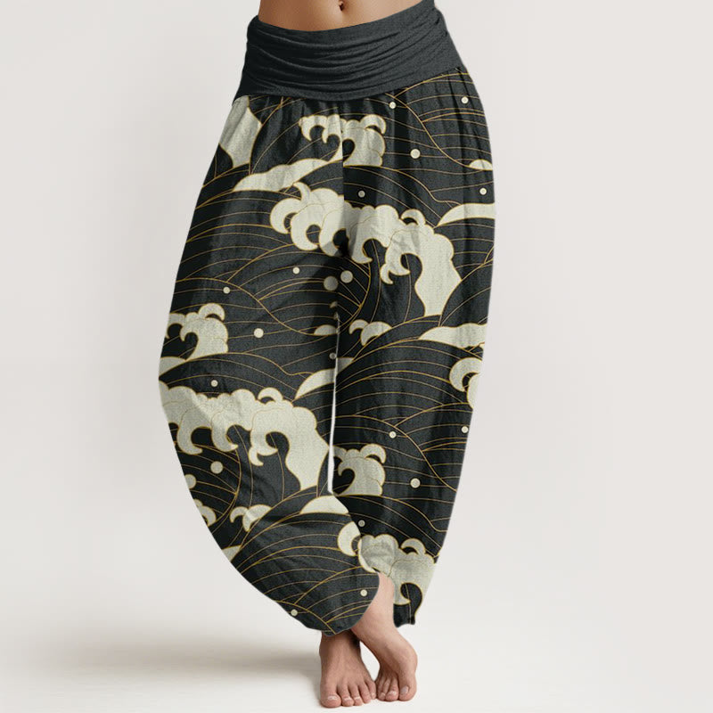 Pantaloni harem da donna con elastico in vita e motivo a onde astratte casual Buddha Stones - Nero - US22, UK/AU26, EU54 (6XL) - image 1